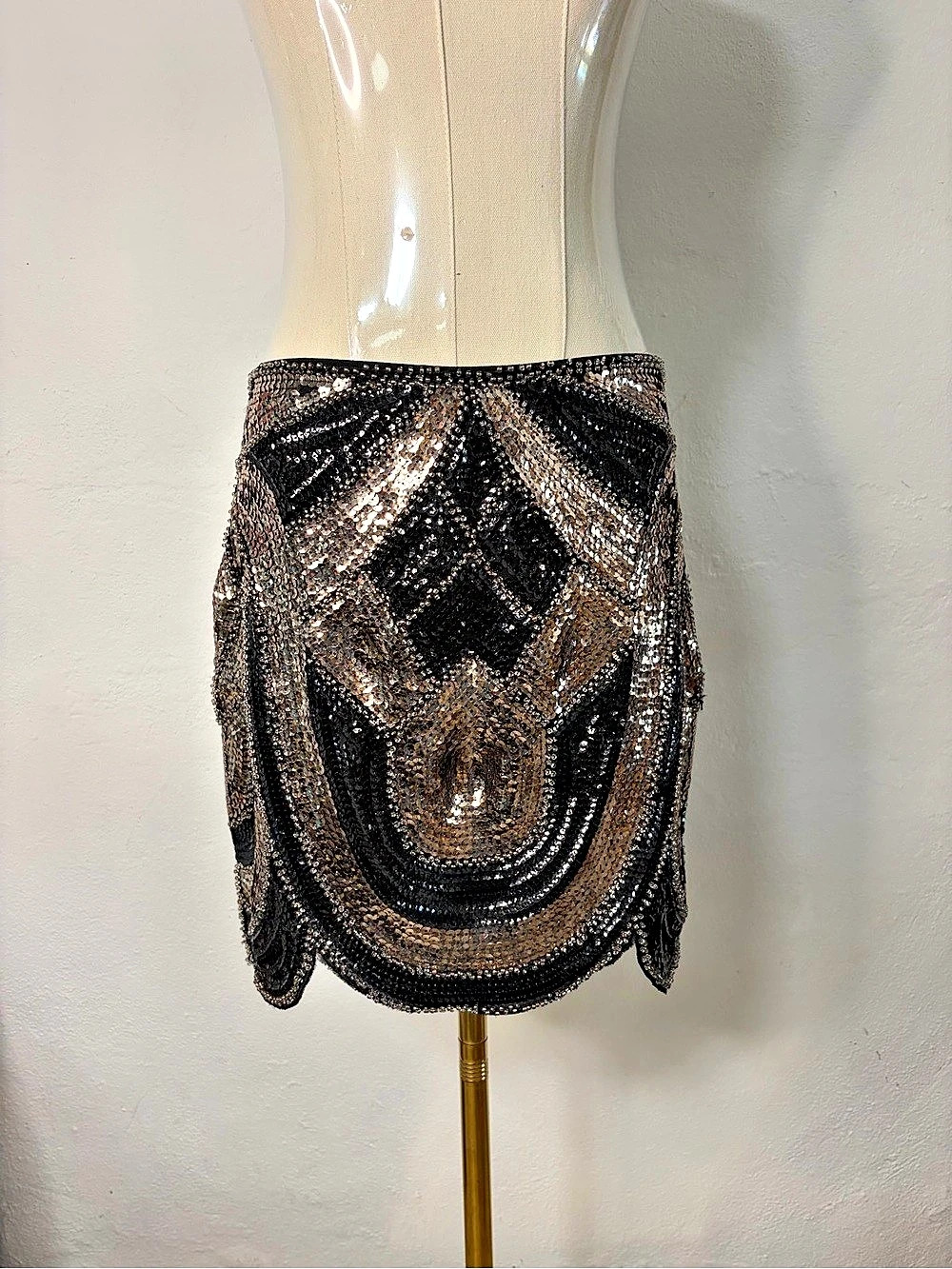 Beaded Geometric Mini Skirt in Black & Brown